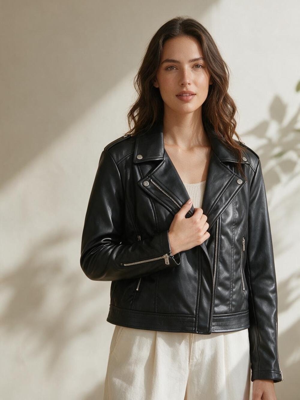 Guess Black Faux Leather Moto Jacket Cropped Size Large EUC 21x21